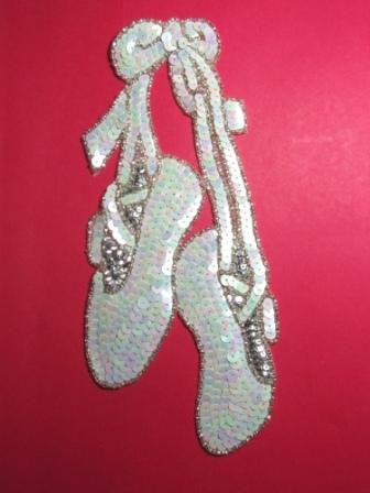 K8890  White / Silver Ballerina Slippers Sequin Beaded Applique 6.75"