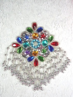MA266 Silver Rhinestone Beaded Sequin Dangle Epaulet Hair Bow / Brooch / Applique 7"