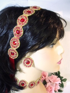 SB0379  Red Jewel Gold Beaded Rhinestone Headband