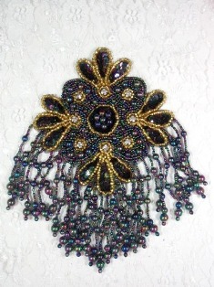 MA245 Black AB Gold Rhinestone Beaded Sequin Epaulet Hair Bow / Brooch / Applique 8"