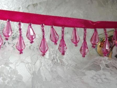 E1670 Fuchsia Teardrop Beaded Fringe Sewing Trim 1"