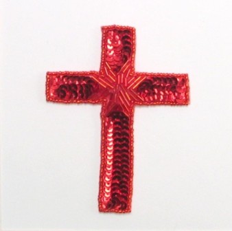 E837 Red Cross Beaded Sequin Applique 4"
