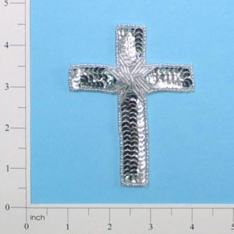 E837 Silver Cross Beaded Sequin Applique 4"