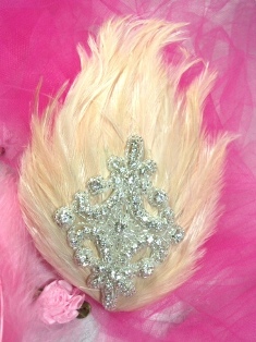 FB35  Beige Feather Crystal Rhinestone Applique Brooch 7"