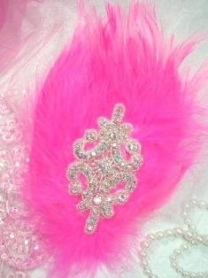 FB37  Hot Pink Feather Crystal AB Rhinestone Applique Brooch 7"