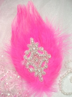 FB38  Hot Pink Feather Crystal Rhinestone Applique Brooch 7"