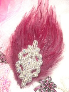 FB40 Mauve Rose Feather Crystal AB Rhinestone Applique Brooch 7"