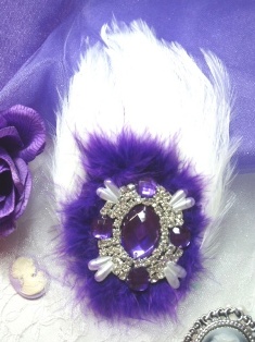 FB43  White and Purple Feather Crystal Rhinestone Applique Brooch 7"
