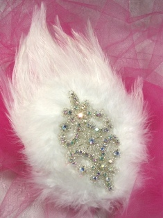 FB46 White Feather Crystal AB Rhinestone Applique Brooch 7"
