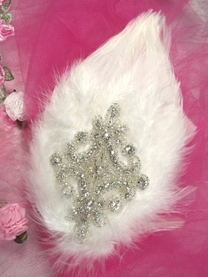 FB47 White Feather Crystal Rhinestone Applique Brooch 7"