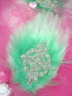 FB50 Mint Green Feather Crystal Rhinestone Applique Brooch 7"