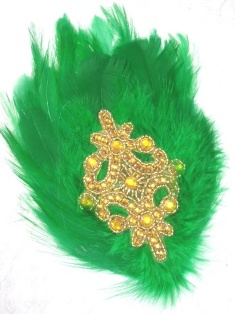 FB52 Green Feather Gold Rhinestone Applique Brooch 7"