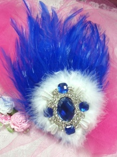 FB55  Blue and White Feather Crystal Rhinestone Applique Brooch 7"