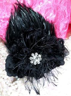 FB56 Black Floral Rhinestone Feather