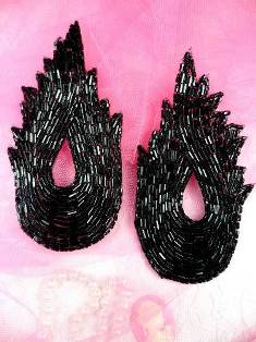 FS1143X Black Mirror Pair Flame Beaded Appliques 4.75"