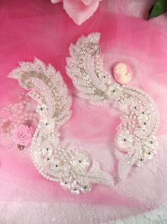 FS3316 Crystal AB Silver Pearl Mirror Pair Beaded Sequin  Appliques 7"