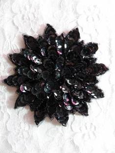 FS474 Black Floral Beaded Sequin Applique 3"