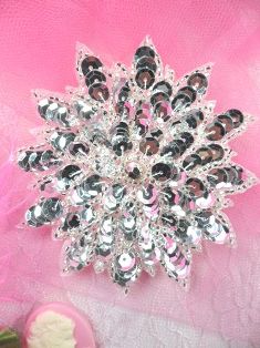 FS474 Silver Floral Beaded Sequin Applique 3"