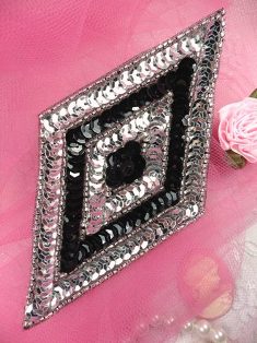 FS475L Black Silver Diamond Beaded Sequin Applique 5"