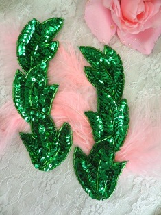 FS513 Green Leaf Mirror Pair Beaded Sequin Appliques 5.5"