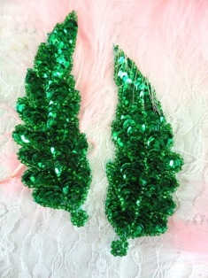 FS760  Kelly Green Leaf Mirror Pair Beaded Sequin Appliques 4"