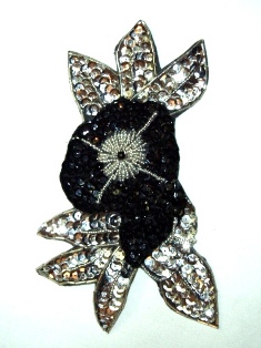 K19  Black and Silver Flower Sequin Beaded Applique  7.25"