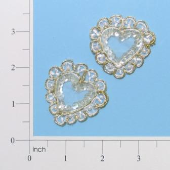 E32750  Set of Two Gold Pearl Heart Sequin Appliques 2"
