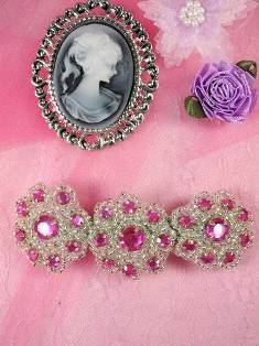 HB0474 Fuchsia Silver Beaded Jewel Floral Hair Bow 3.75"