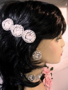 HB0225  Silver Beaded Crystal Glass Rhinestone Hair Bow 3.75"