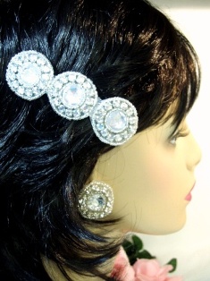 HB0379  Clear Jewel Silver Beaded Rhinestone Circle Hair Bow 3.75"