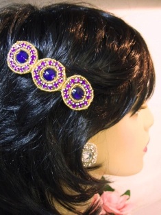 HB0379  Purple Jewel Gold Beaded Rhinestone Hair Bow 3.75"