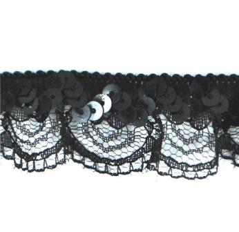 E6186  Black Lace Scallop Sequin Stretch Trim 1"