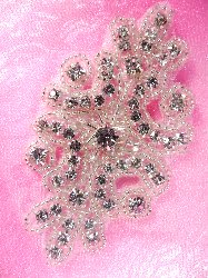JB40 Grace Silver Beaded Crystal Rhinestone Applique 3.75"