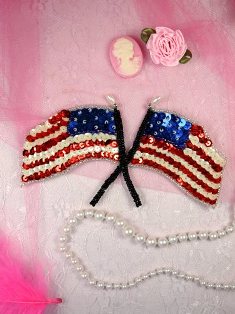 KAF4 Patriotic double Flag Beaded Sequin Applique 5"