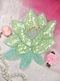 K8108  Mint Green AB Rose Beaded Sequin Applique 5.25"