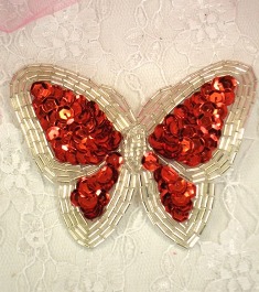 K8129  Red Silver Butterfly Sequin Beaded Applique 3.5"