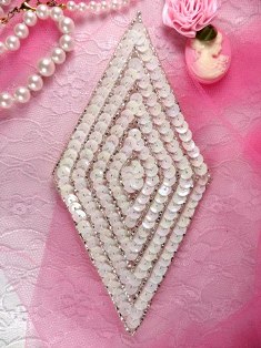 K8385 White AB Silver Diamond Beaded Sequin Applique 5.5"