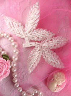 K8386  White Leaf Beaded Applique 3.25"