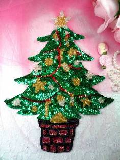 K9289L Christmas Tree Beaded Sequin Applique 11"