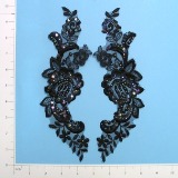 E240 Black Iris Mirror Pair Venise Lace 9" Sequin Appliques