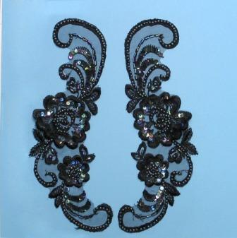 E252  Black Venise AB Lace Sequin Appliques 9"