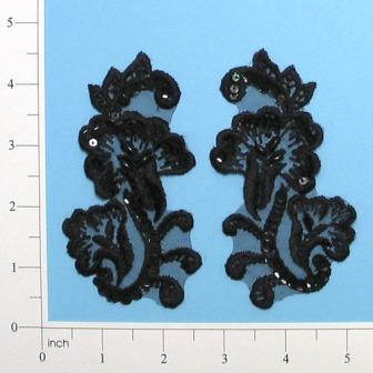 E2702  Black Venise Lace Sequin Applique Pair 4"