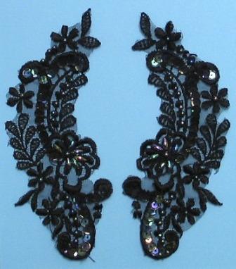 E2715  Black Iris Venise Lace Mirror Pair  Sequin Appliques 5.5"