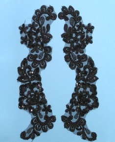W5 Black Venise Lace Mirror Pair Beaded Sequin Appliques 10.5"