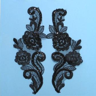 E2735  Black Venise Lace Mirror Pair Appliques 8.5"