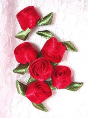 L51  Set of ( 6 ) Red Ribbon Rose Flower Appliques