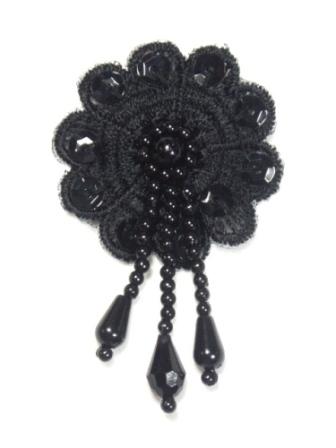 F12  Black Floral Lace Dangle Sequin Beaded Applique 2.5"