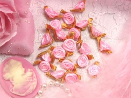 L7K  Set of (20) Pink Gold Ribbon Rose Appliques