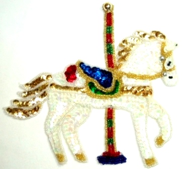 LC286  White Carousel Horse Sequin Beaded Applique 6.5"