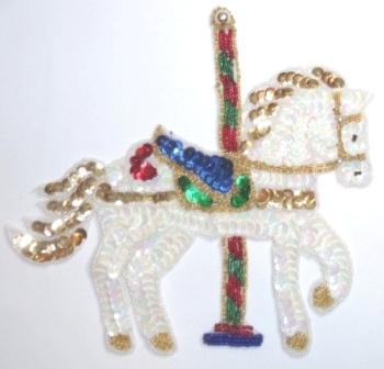 LC287  White Carousel Horse Sequin Beaded Applique 7.5"
